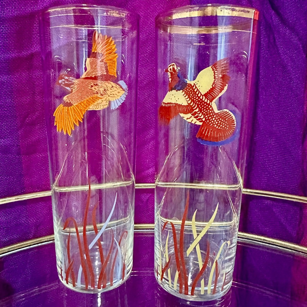 Vintage 1950s–1960s Pheasant Highball Glasses Set of 2 Mid Century‎ Fall Barware